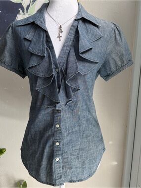 Ralph Lauren Denim Blue Ruffle Button-Down Shirt